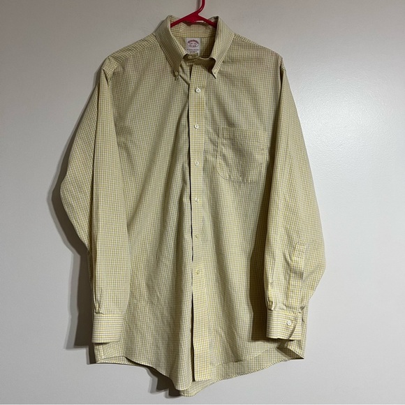 Brooks Brothers Yellow White Grid Plaid Shirt Mens 16.5 Button Up Long Sleeve - Picture 1 of 6